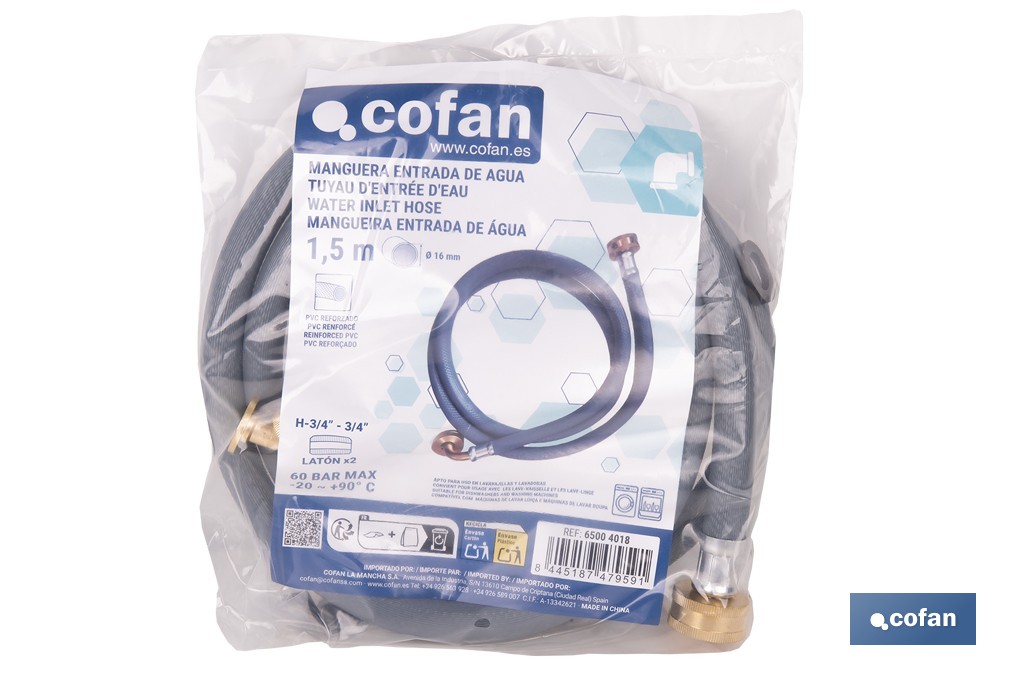 Manguera de entrada de agua con tuercas de latón para lavadora y lavavajillas con 1,5 m de longitud. Conexión 3/4" y hasta 60 bar - Cofan