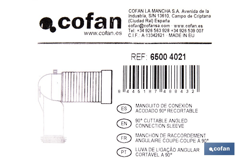 Manguito de conexión acodado 90° | Conexión recortable con goma labiada | Compatible con tuberías de evacuación de Ø90 y Ø110 mm - Cofan