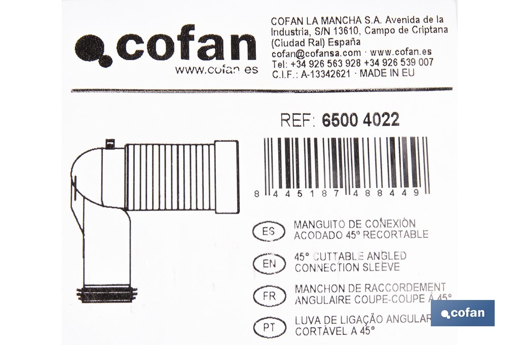 Manguito de conexión acodado excéntrico 45° | Conexión recortable con goma labiada | Compatible con tuberías de evacuación de Ø90 y Ø110 mm - Cofan