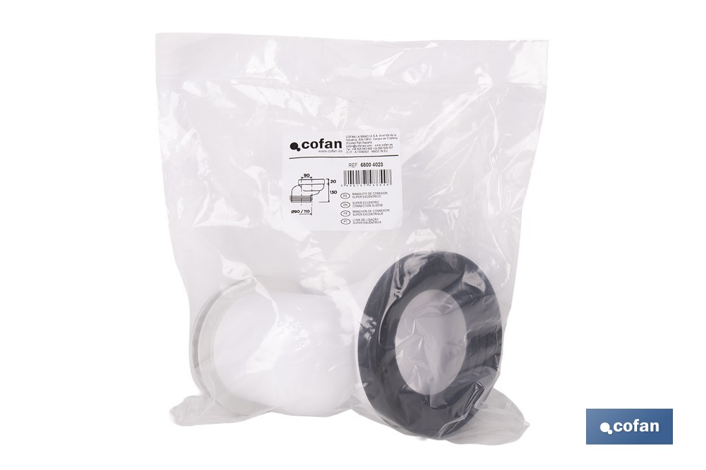 Manguito súper excéntrico para inodoro con junta de goma | Compatible con tuberías de Ø90 y Ø110 mm - Cofan