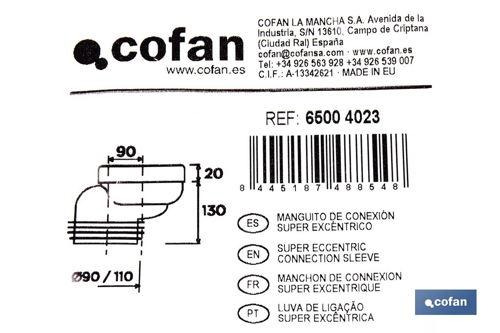Manguito súper excéntrico para inodoro con junta de goma | Compatible con tuberías de Ø90 y Ø110 mm - Cofan