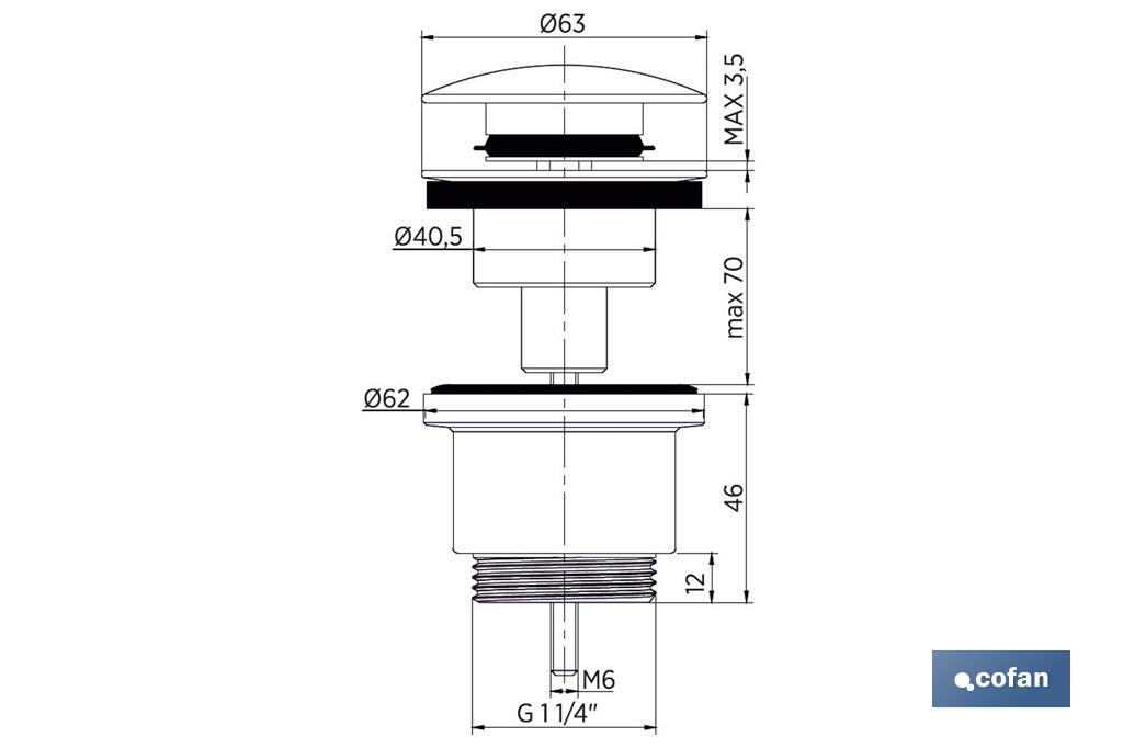 Válvula Click-Clack | Fabricada em latão Cromado | Rosca 1" 1/4 | Inclui Tampa Grande de Ø63 mm - Cofan