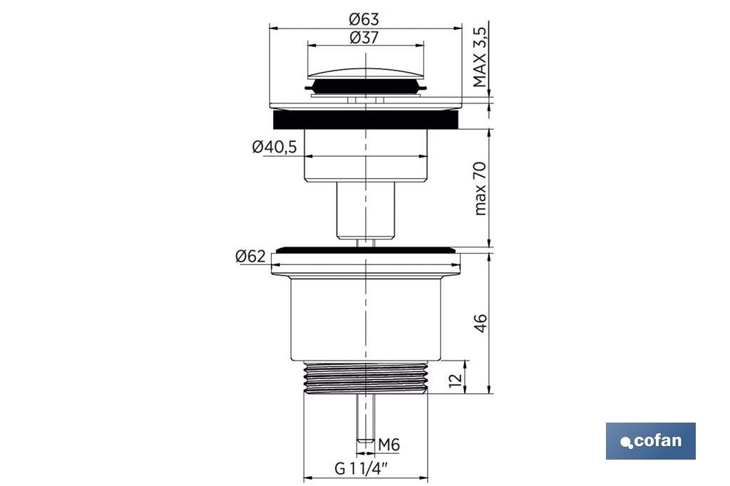 Válvula Click-Clack | Fabricada en Latón Cromado | Rosca 1" 1/4 | Incluye Tapón Pequeño de Ø37 mm - Cofan