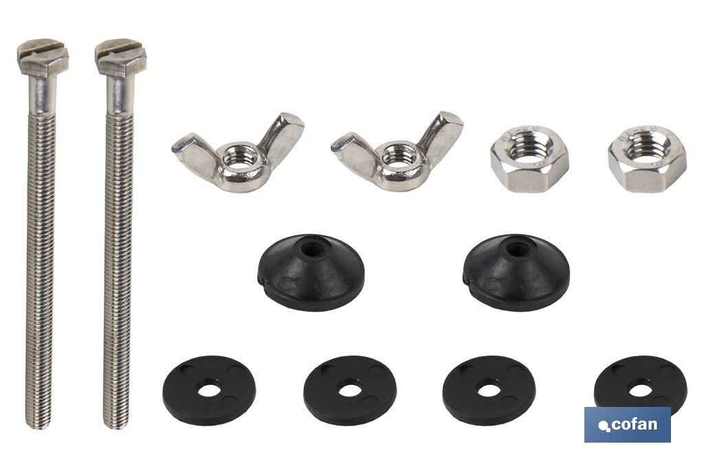 Set of Screws | Toilet Bowl and Cistern Fixing | M6 x 90 | Set of 2 Screws, Washers, Gaskets and Wing Nuts - Cofan