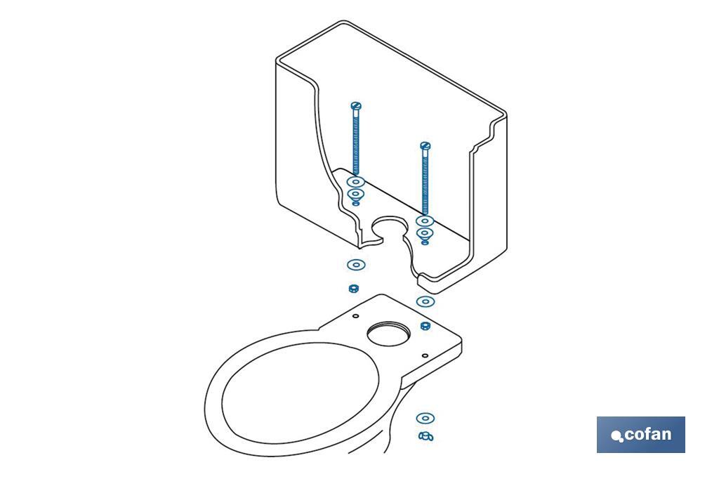 Conjunto de parafusos | Fixação tanque de autoclismo | M6 x 90 | Composto por 2 parafusos, anilhas, juntas e porcas de borboleta - Cofan