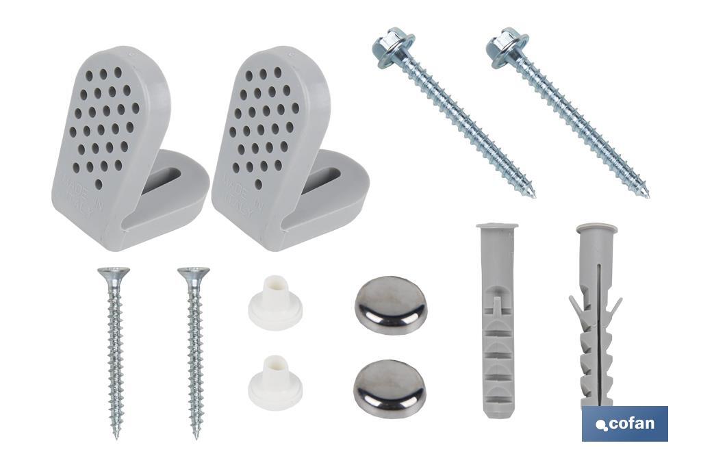 Set of Screws | Toilet Fixing Screws | Horizontal | Set of Bracket, Two Screws, Cups and A Wall Plug - Cofan