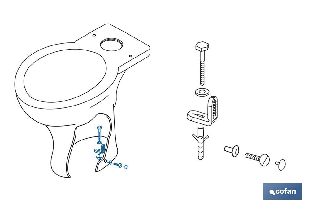 Conjunto de parafusos | Fixação de sanita | Horizontal | Composto por um Suporte, Dois Parafusos, Tampas e bucha - Cofan