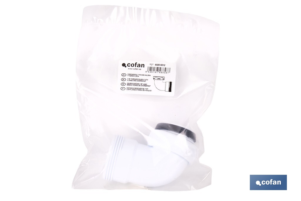 Codo rosca 1 1/2" con valona y tuerca loca | Adecuado para lavabos y fregaderos | Compatible con sifones estándar 1 1/2" - Cofan