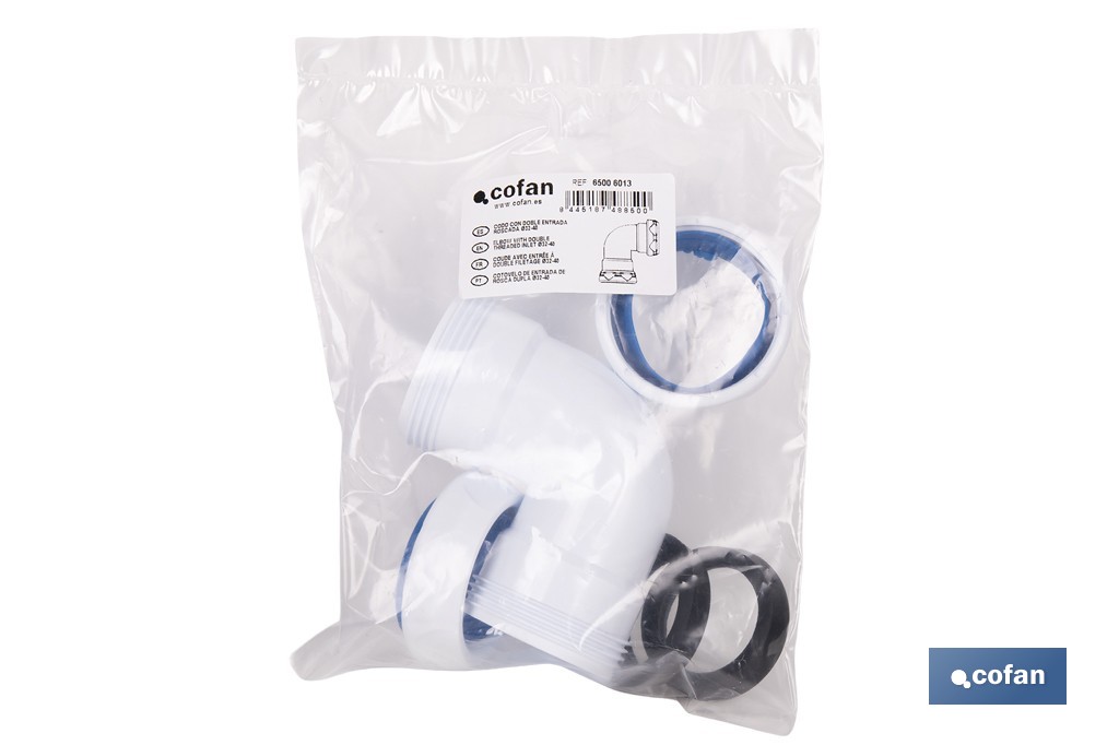 Codo con doble entrada roscada 1 1/2" | Incluye junta reductora cónica | Compatible con tuberías de Ø32 y Ø40 mm | Adecuado para lavabos y fregaderos - Cofan
