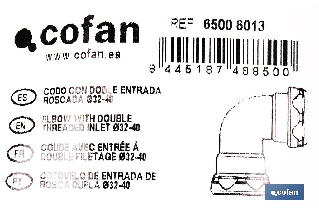 Codo con doble entrada roscada 1 1/2" | Incluye junta reductora cónica | Compatible con tuberías de Ø32 y Ø40 mm | Adecuado para lavabos y fregaderos - Cofan