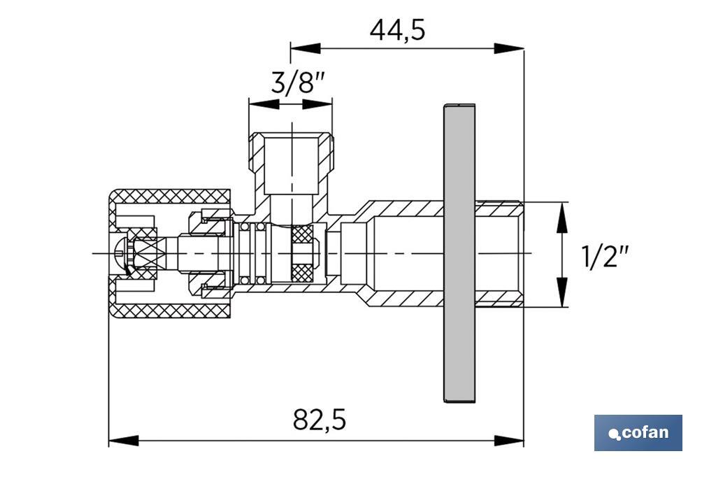 Válvula de Escuadra | Modelo Pistón | Medidas: 1/2" x 3/8" | Fabricada en Latón CV617N | Cierre y apertura con Pistón Regulable - Cofan