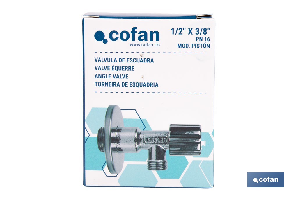 Válvula de Escuadra | Modelo Pistón | Medidas: 1/2" x 3/8" | Fabricada en Latón CV617N | Cierre y apertura con Pistón Regulable - Cofan