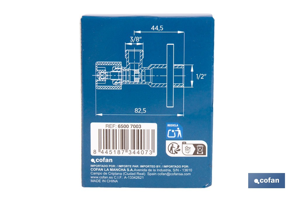 Válvula de Escuadra | Modelo Pistón | Medidas: 1/2" x 3/8" | Fabricada en Latón CV617N | Cierre y apertura con Pistón Regulable - Cofan