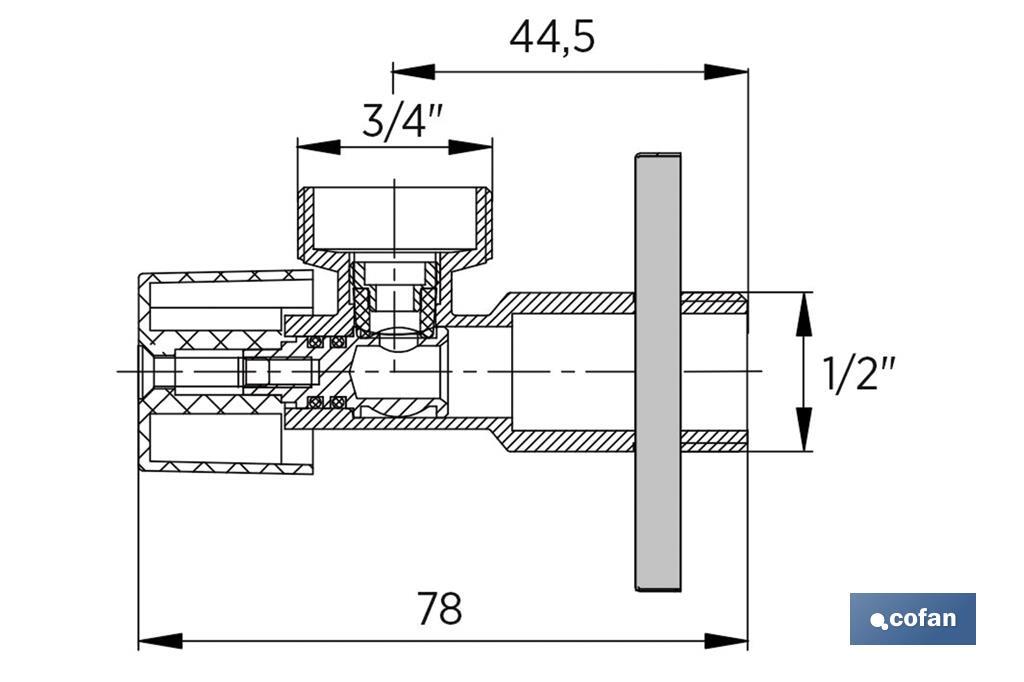 Válvula de Esquadria para máquina de lavar| Medidas: 1/2" x 3/4" | Fabricada em Latão CV617N | Fecho e Abertura 1/4 de Volta - Cofan