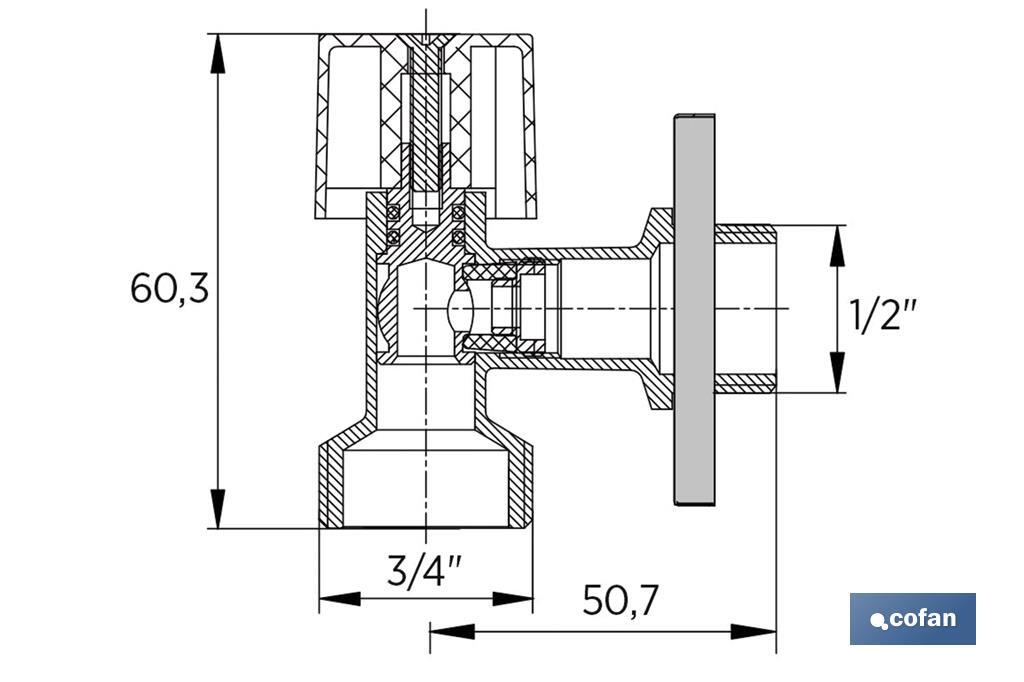 Valve d'Équerre pour Lave-linge | Dimensions : 1/2" x 3/4" | Fabriquée en Laiton CV617N | Fermeture et Ouverture 1/4 de Tour - Cofan