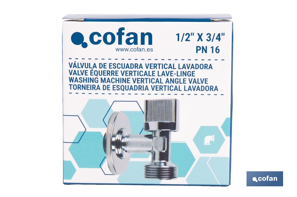 Válvula de Esquadria para máquina de lavar| Medidas: 1/2" x 3/4" | Fabricada em Latão CV617N | Fecho e Abertura 1/4 de Volta - Cofan