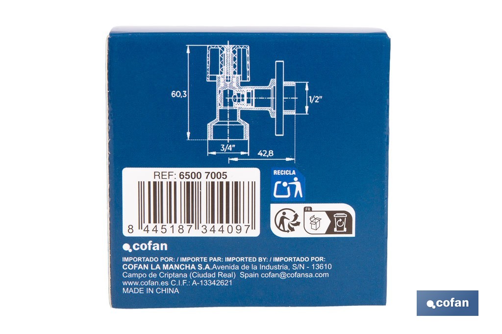 Válvula de Esquadria para máquina de lavar| Medidas: 1/2" x 3/4" | Fabricada em Latão CV617N | Fecho e Abertura 1/4 de Volta - Cofan
