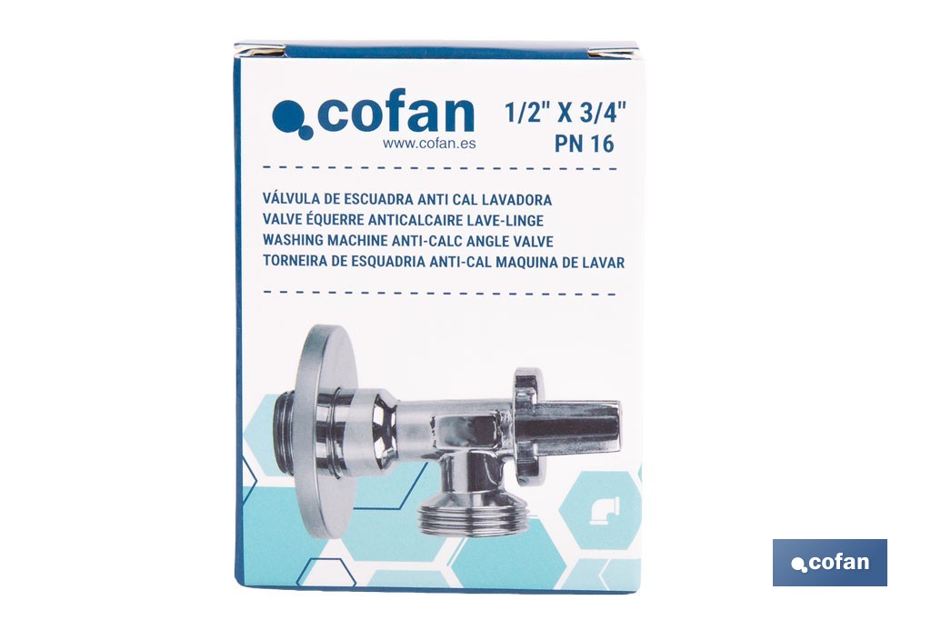Válvula de Esquadria para máquina de lavar| Medidas: 1/2" x 3/4" | Fabricada em Latão CV617N | Fecho e Abertura 1/4 de Volta - Cofan