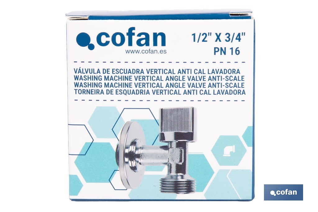 Válvula de Esquadria para máquina de lavar| Medidas: 1/2" x 3/4" | Fabricada em Latão CV617N | Fecho e Abertura 1/4 de Volta - Cofan