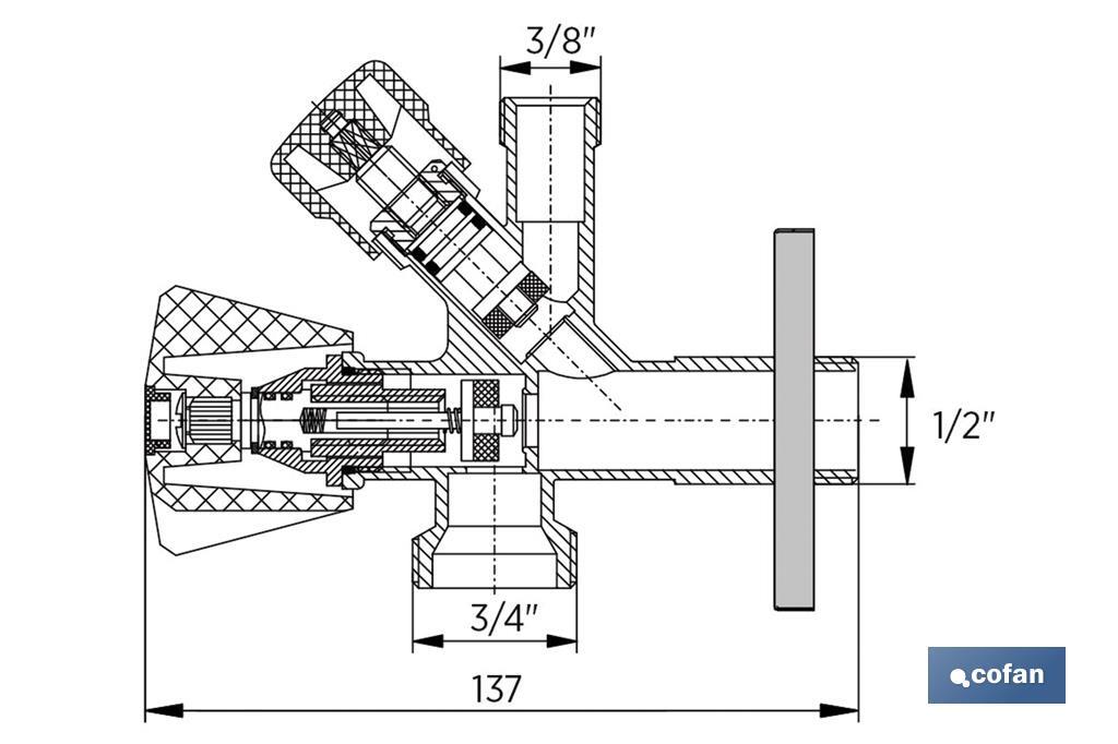Válvula de Esquadria | Modelo Pistón | Medidas: 1/2" x 3/4" x 3/8" | Fabricada em Latão CW617N | Rosca de Entrada a Gas - Cofan