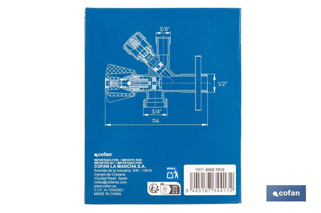 Válvula de Escuadra | Medidas: 1/2" x 3/4" x 3/8" | Modelo Combi | Fabricada en Latón CW617N | Rosca de Entrada a Gas - Cofan