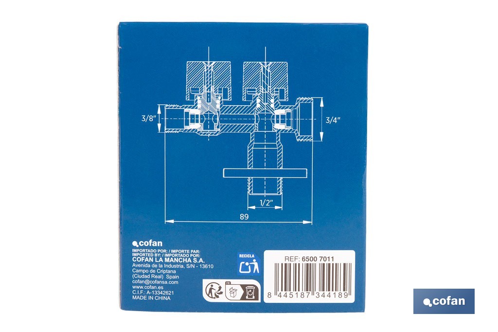 Válvula de Esquadria com dupla saída| Modelo Pistón | Medidas: 1/2" x 1/2" x 3/8" | Fabricada em Latão CW617N - Cofan