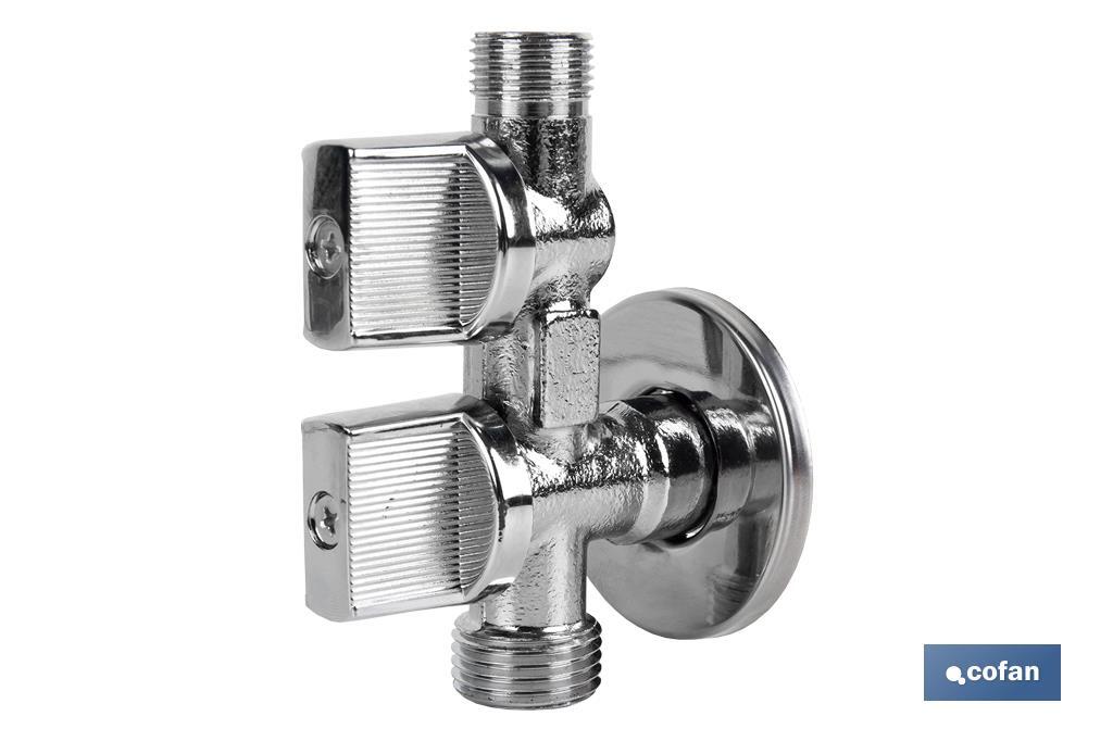 Valve d'Équerre avec Double Sortie | Dimensions : 1/2" x 1/2" X 3/8" | Fabriquée en Laiton CW617N | Filetage d'Entrée de Gaz - Cofan