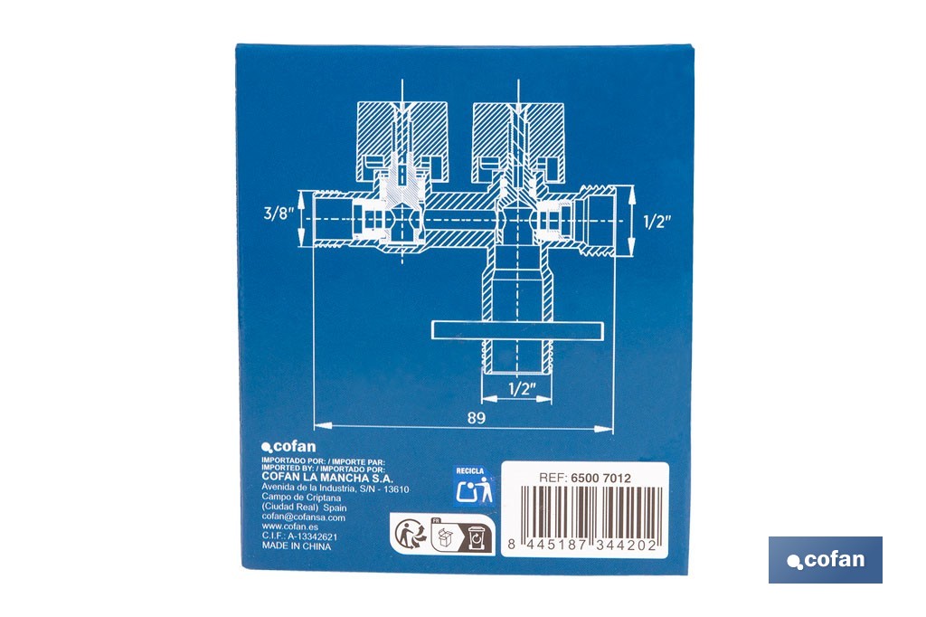 Válvula de Esquadria com dupla saída| Modelo Pistón | Medidas: 1/2" x 1/2" x 3/8" | Fabricada em Latão CW617N - Cofan