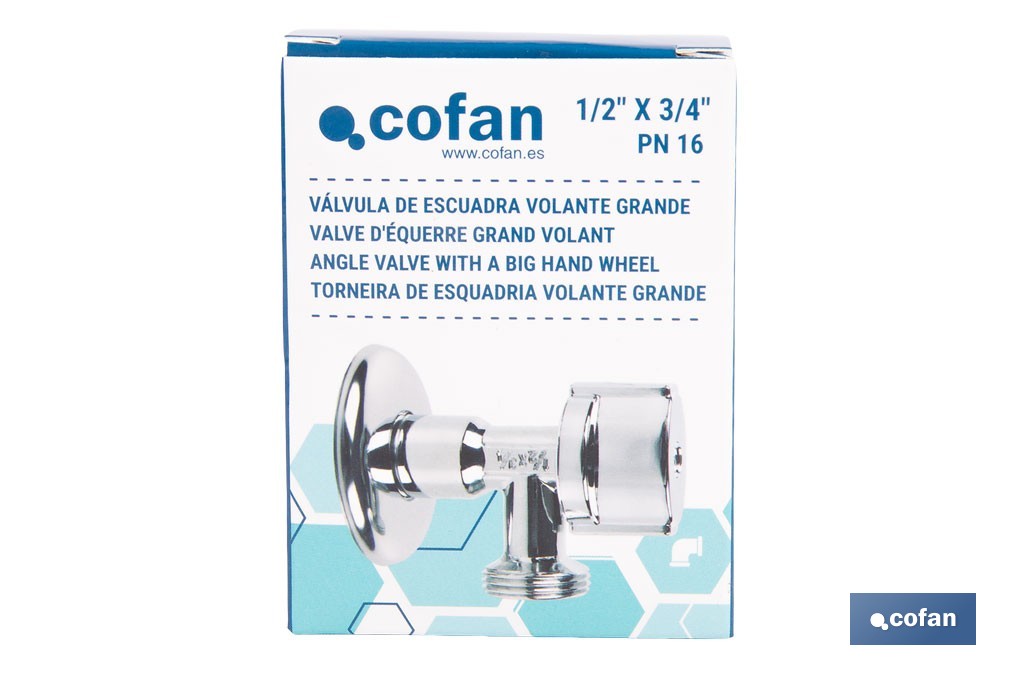 Válvula de Escuadra | Medidas: 1/2" x 3/4" | Volante de Mayor Tamaño Facilitando la Apertura y el Cierre - Cofan