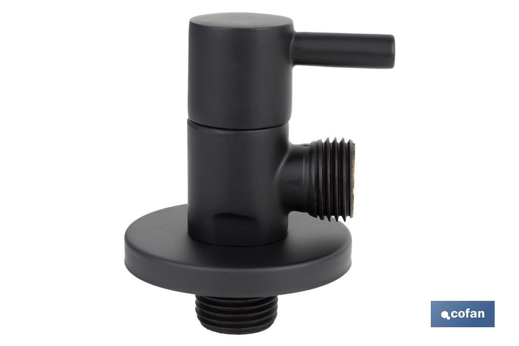 Valve d'équerre Modèle Lux noire | Système d'ouverture et de fermeture de 1/4 de tour | PN 16 bar | Couleur : noir | Deux dimensions - Cofan