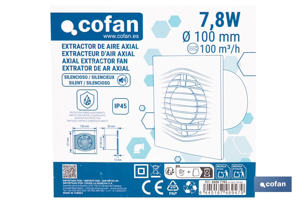 Extractor de aire axial silencioso | Con panel frontal fino y antirretorno | Protección IP45 | Disponible en diferentes diámetros - Cofan