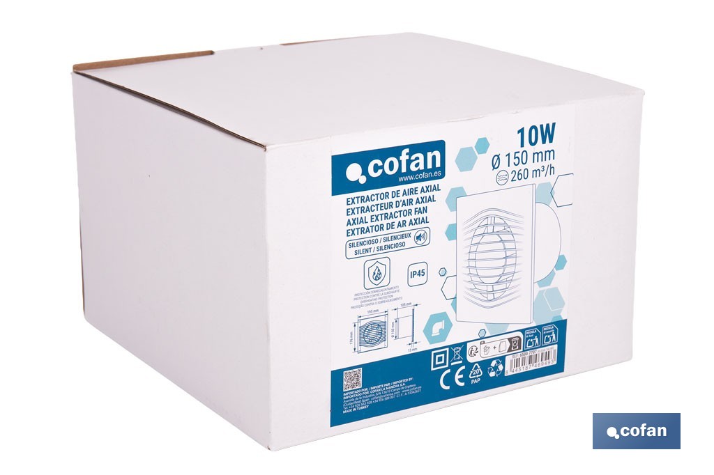 Extractor de aire axial silencioso | Con panel frontal fino y antirretorno | Protección IP45 | Disponible en diferentes diámetros - Cofan
