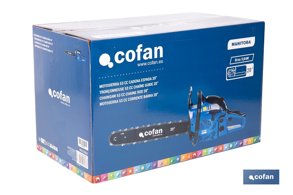 Motosserra a gasolina | Motor a 2 tempos | Lâmina de 20" | Potência: 2,6 CV | Arranque fácil | Sistema antivibração - Cofan