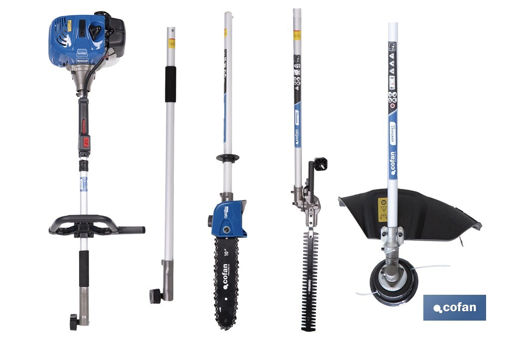 Multiherramienta 4 en 1 de gasolina | Cortabordes, desbrozadora, cortasetos y podador en altura | Motor de 2 tiempos | 51,7 cc | Incluye arnés doble | Accesorios incluidos - Cofan