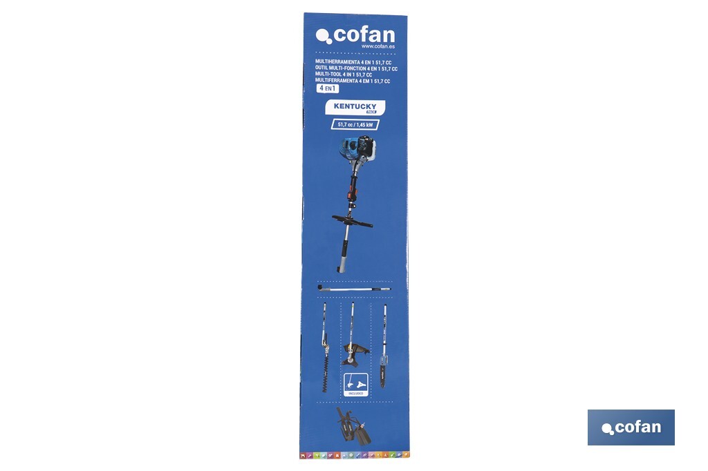 Multiherramienta 4 en 1 de gasolina | Cortabordes, desbrozadora, cortasetos y podador en altura | Motor de 2 tiempos | 51,7 cc | Incluye arnés doble | Accesorios incluidos - Cofan