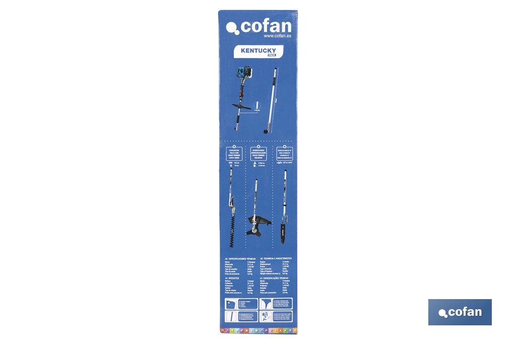 Multiherramienta 4 en 1 de gasolina | Cortabordes, desbrozadora, cortasetos y podador en altura | Motor de 2 tiempos | 51,7 cc | Incluye arnés doble | Accesorios incluidos - Cofan