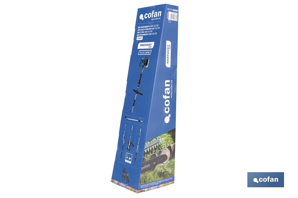 Multiherramienta 4 en 1 de gasolina | Cortabordes, desbrozadora, cortasetos y podador en altura | Motor de 2 tiempos | 51,7 cc | Incluye arnés doble | Accesorios incluidos - Cofan