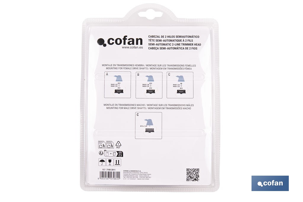 Cabezal de 2 hilos semiautomático universal para desbrozadora| Incluye rosca hembra y adaptadores - Cofan