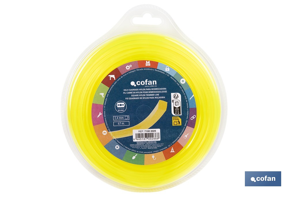 Hilo cuadrado de nylon para desbrozadora | Alta resistencia, compatible con mayoría de desbrozadoras | Medidas del hilo: 3 mm x 42 m - Cofan