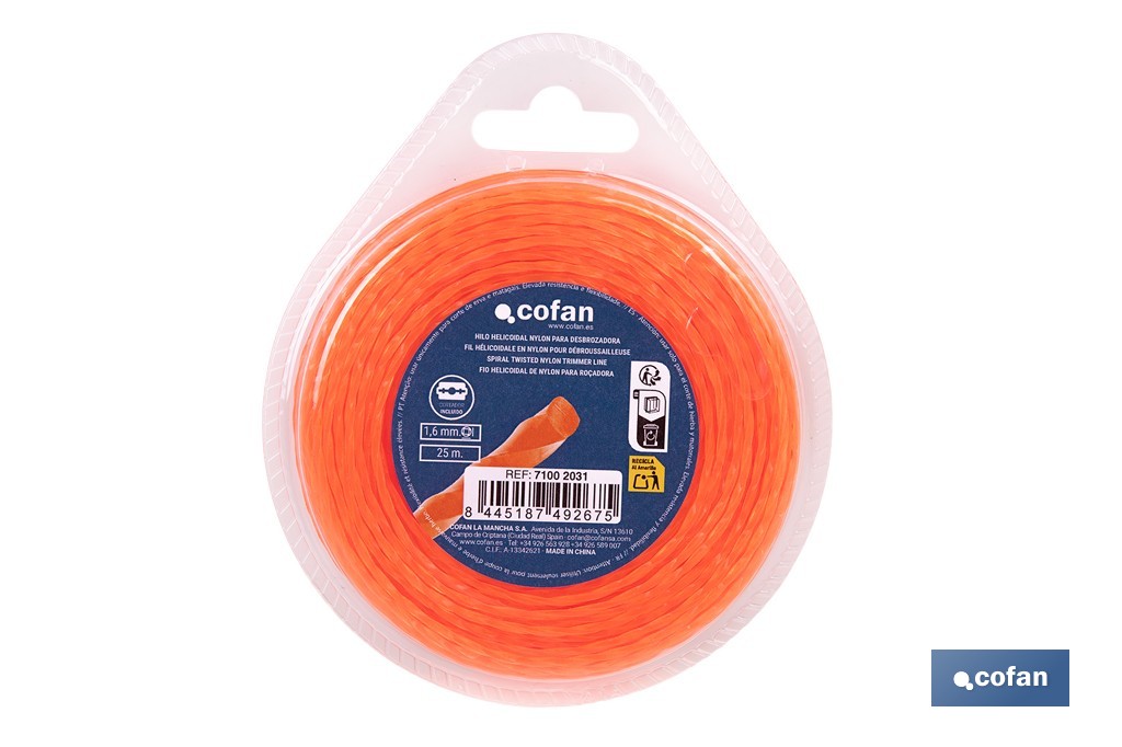 Hilo helicoidal de nylon para desbrozadora | Alta resistencia, bajo nivel sonoro | Disponible en diferentes grosores - Cofan