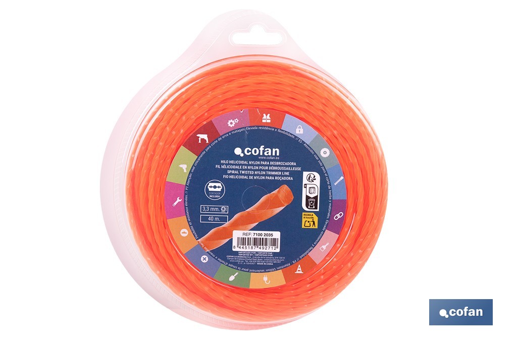 Hilo helicoidal de nylon para desbrozadora | Alta resistencia, bajo nivel sonoro | Disponible en diferentes grosores - Cofan