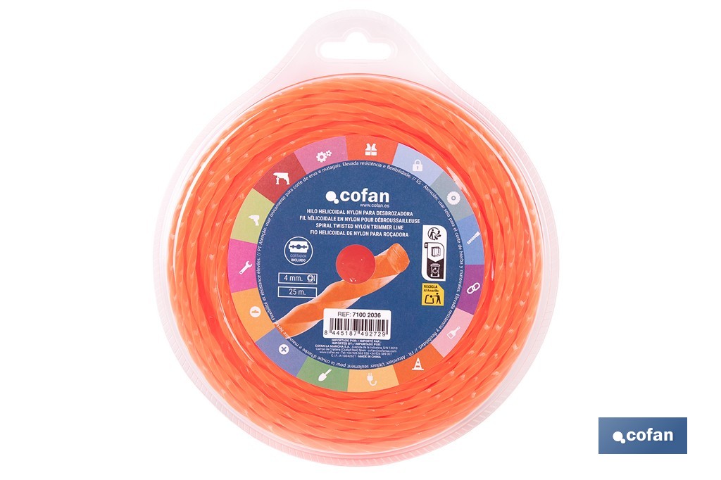 Hilo helicoidal de nylon para desbrozadora | Alta resistencia, bajo nivel sonoro | Disponible en diferentes grosores - Cofan