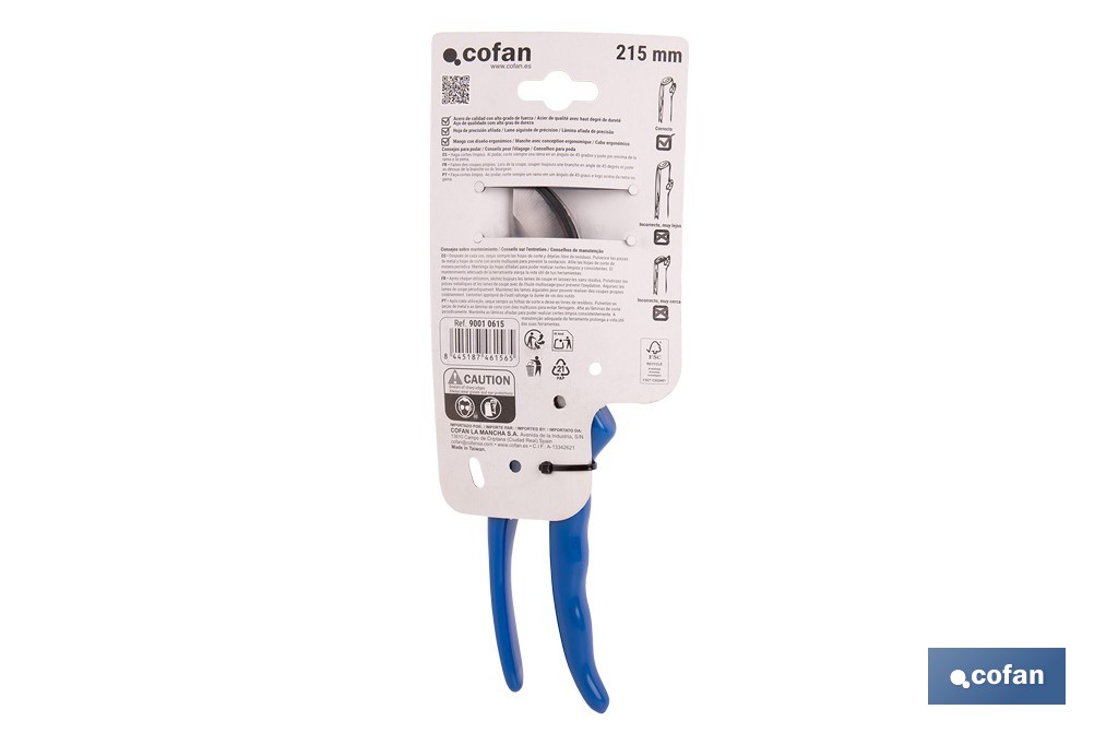 Tijeras de poda y recolección bypass | Cuchillas de acero SK5 | Mango ergonómico en PVC | Corte limpio y preciso | Uso profesional y doméstico - Cofan