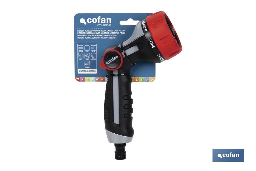 Pistola de riego con 7 modos de flujo y control del caudal con el pulgar - Cofan