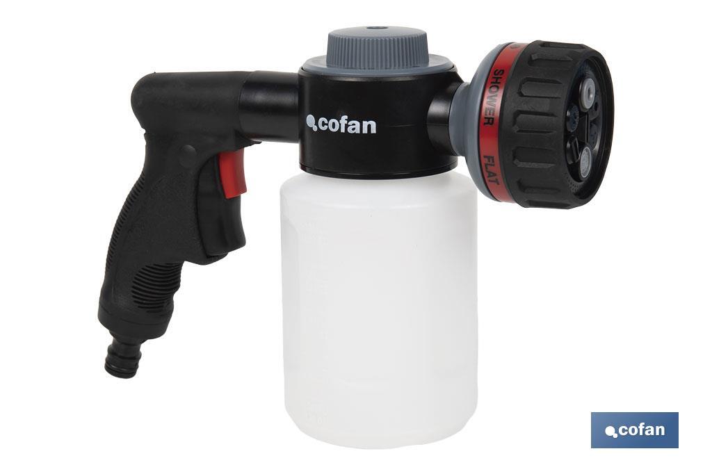 Pistola de riego con 6 posiciones ajustables y depósito para dispensador de jabón de 500 ml - Cofan