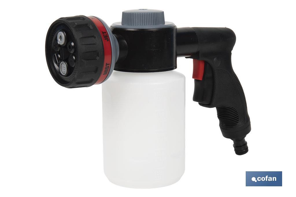 Pistola de riego con 6 posiciones ajustables y depósito para dispensador de jabón de 500 ml - Cofan