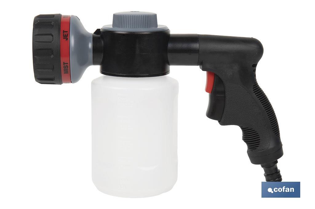 Pistola de riego con 6 posiciones ajustables y depósito para dispensador de jabón de 500 ml - Cofan