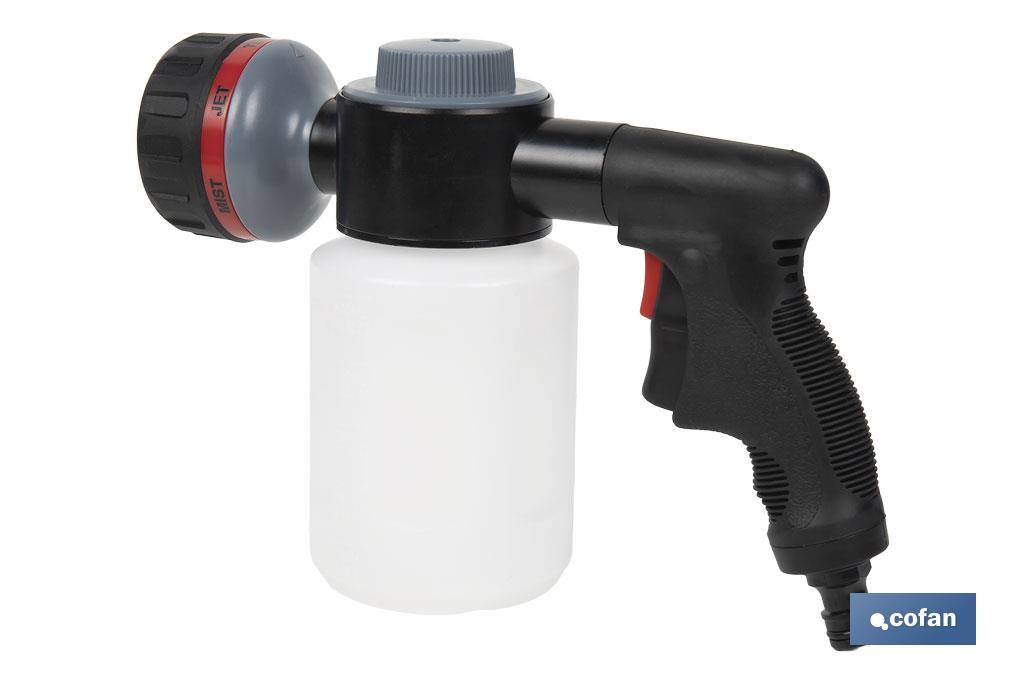 Pistola de riego con 6 posiciones ajustables y depósito para dispensador de jabón de 500 ml - Cofan