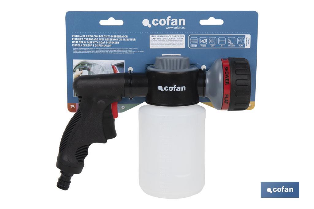 Pistola de riego con 6 posiciones ajustables y depósito para dispensador de jabón de 500 ml - Cofan