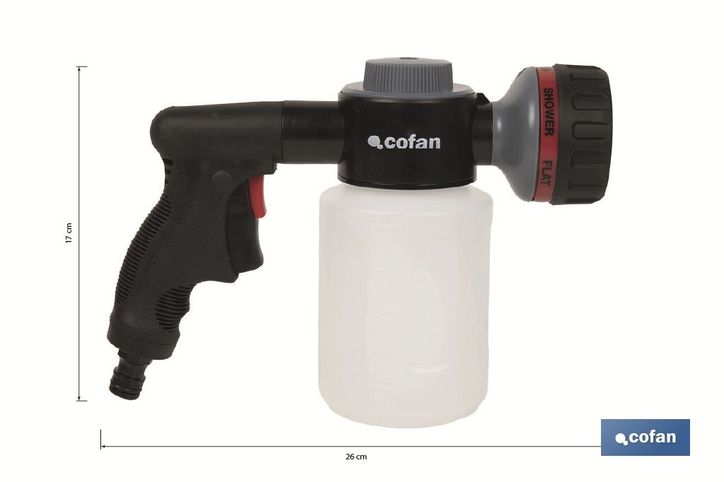 Spray gun with 6 spray patterns and 500ml soap dispenser   - Cofan